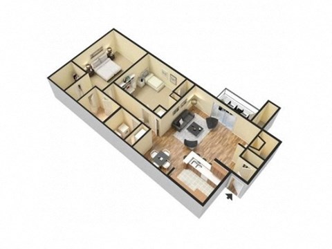 Floor plan for 2 beds, 1 bath, 858 sqft